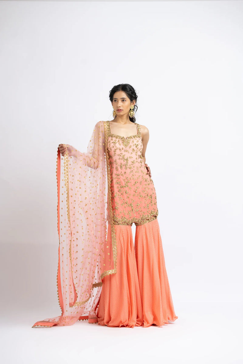 Coral Ombré Dyed Kurta & Garara Set