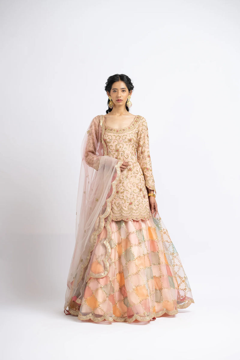 PEACH SHORT KURTA WITH ORGANZA LEHENGA