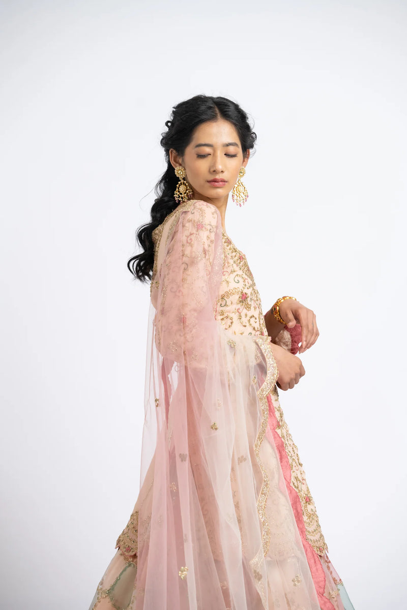 PEACH SHORT KURTA WITH ORGANZA LEHENGA