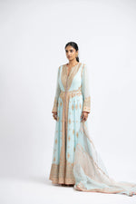 AQUA KALIDAR WITH WORKED ORGANZA DUPATTA AND CHURIDAR