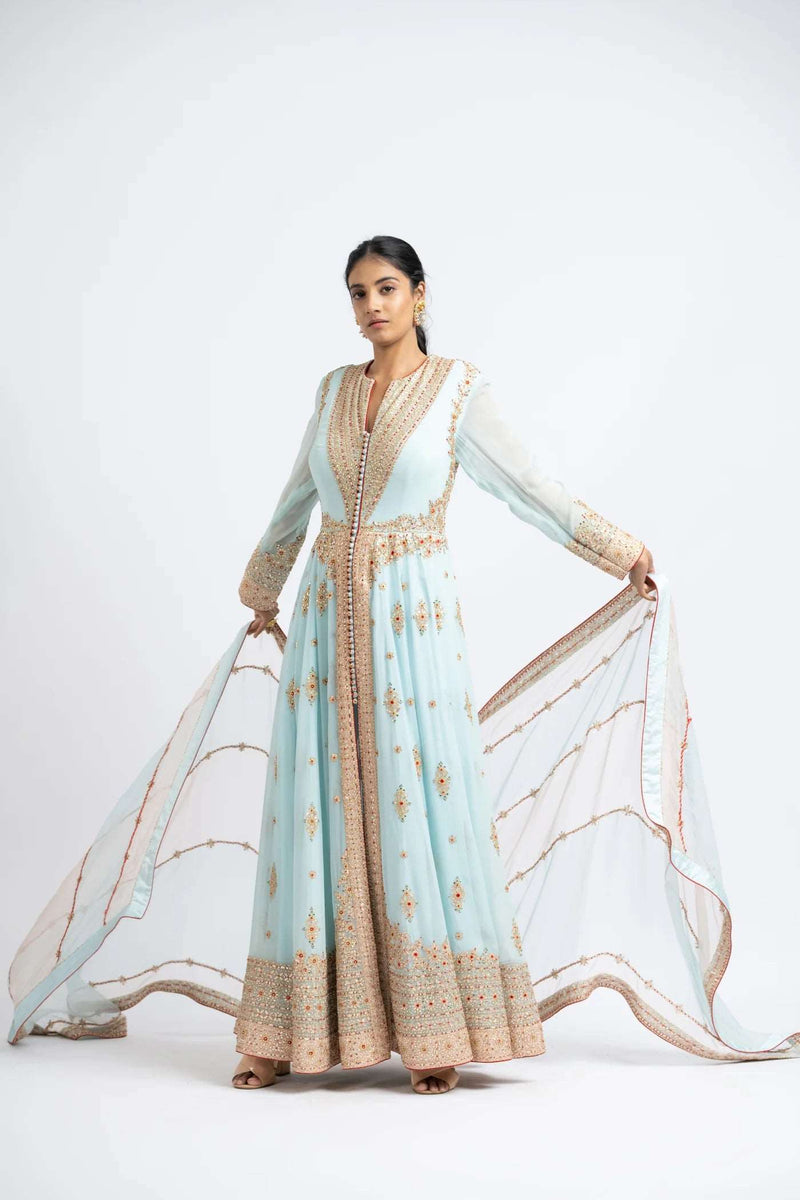 AQUA KALIDAR WITH WORKED ORGANZA DUPATTA AND CHURIDAR