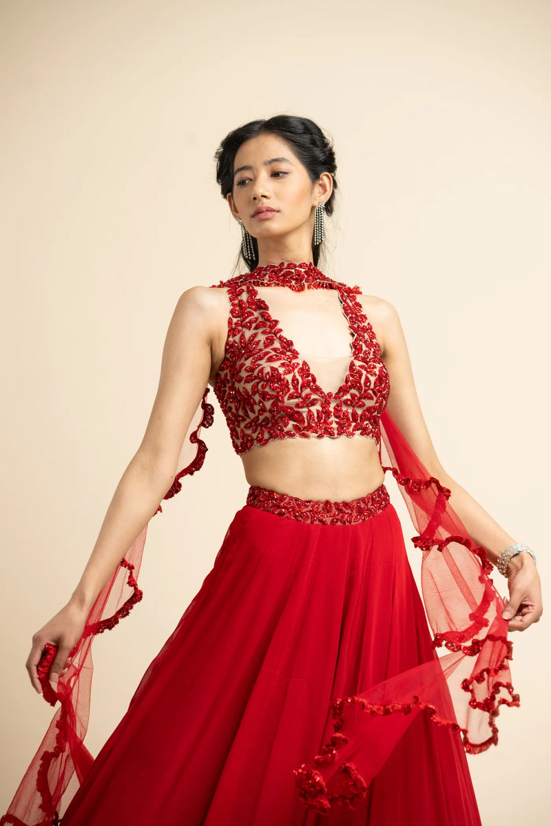 RED LEHENGA CHOLI SET WITH FRILLED DUPATTA