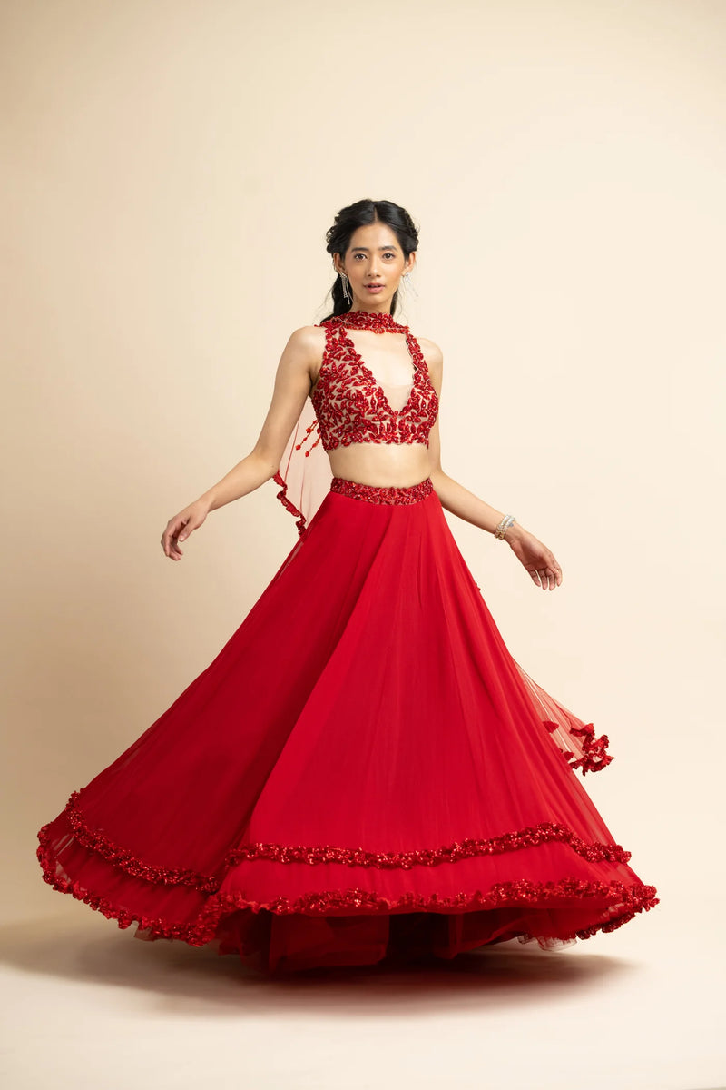 RED LEHENGA CHOLI SET WITH FRILLED DUPATTA