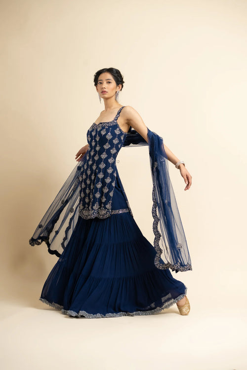 NAVY TULLE KURTA AND DUPATTA WITH GEORGETTE SHARARA