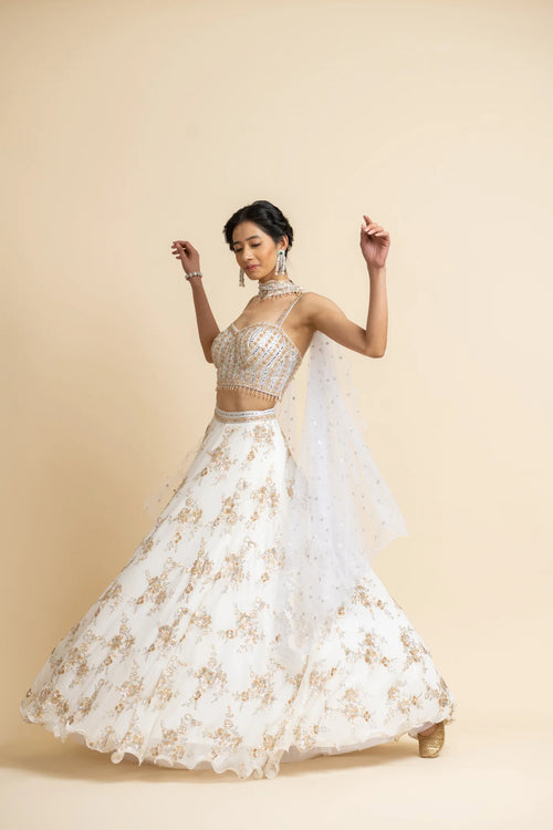 OFF WHITE EMBROIDERED LEHENGA WITH BUSTIER AND STYLISED DUPATTA