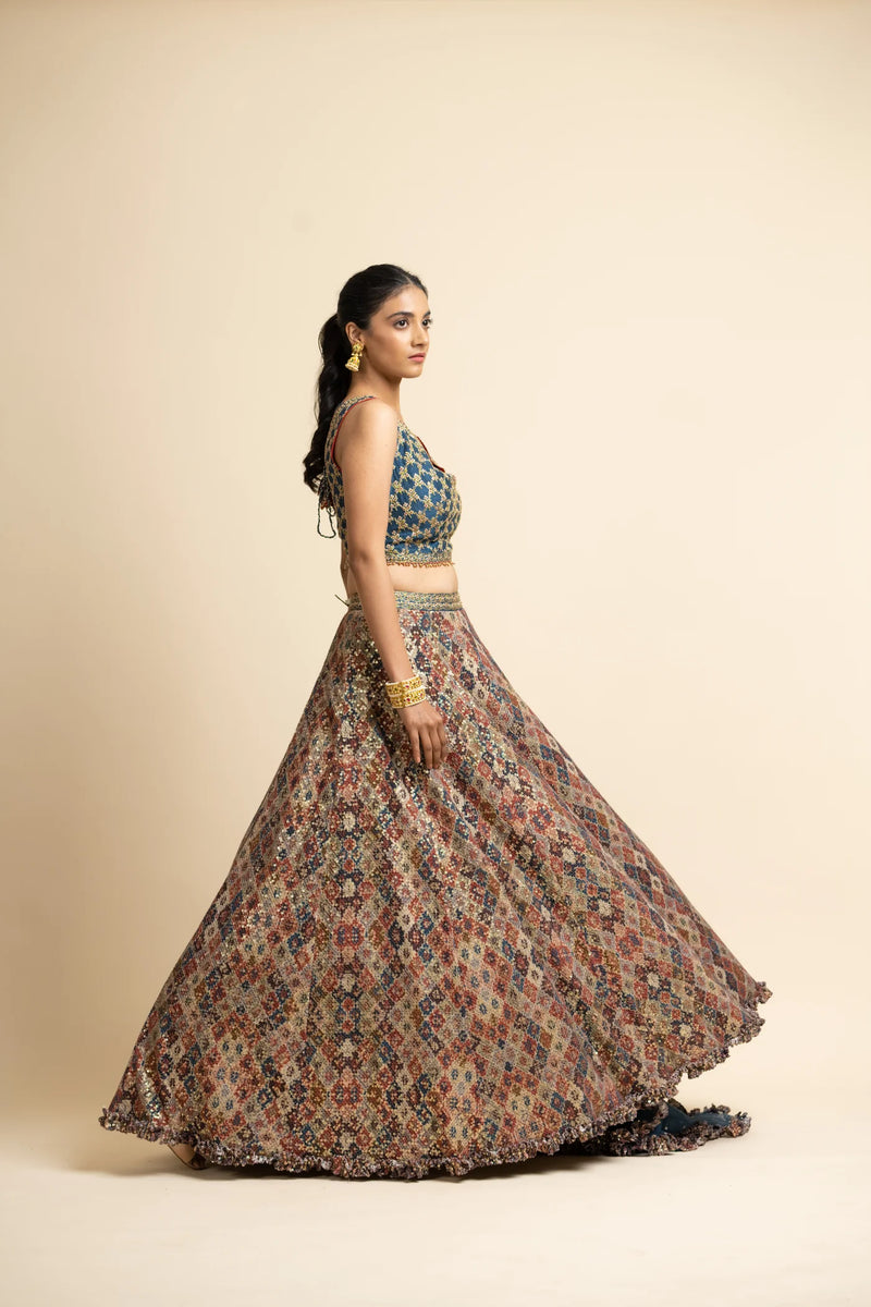 PEACOCK BLUE PRINTED LEHENGA CHOLI SET