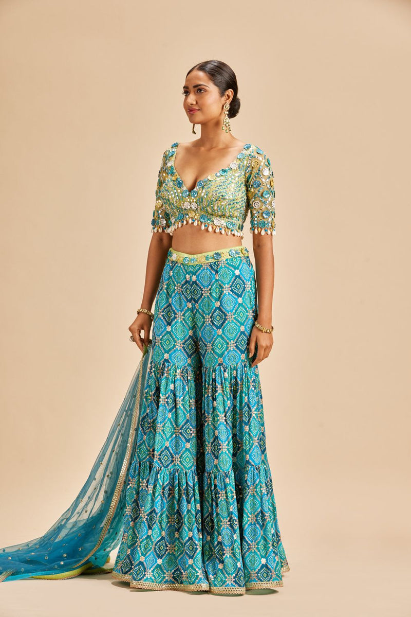 BLUE BANDHANI TIERED SHARARA SET