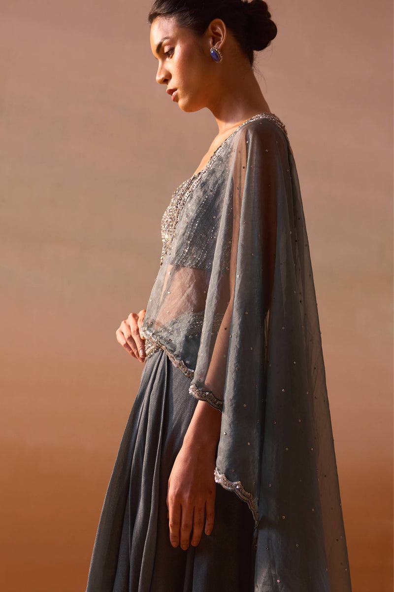 GREY SHIMMER DRAPED SAREE