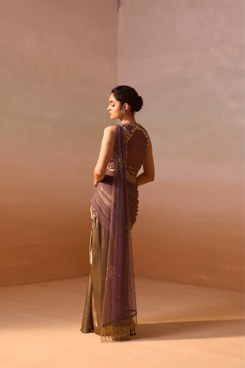 CHOCOLATE BROWN DRAPED SAREE