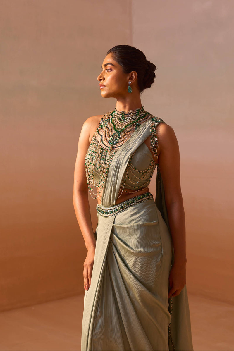 PISTA GREEN DRAPED SAREE