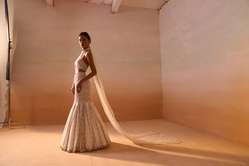 IVORY FISHTAILED SKIRT WITH PEARL WORK