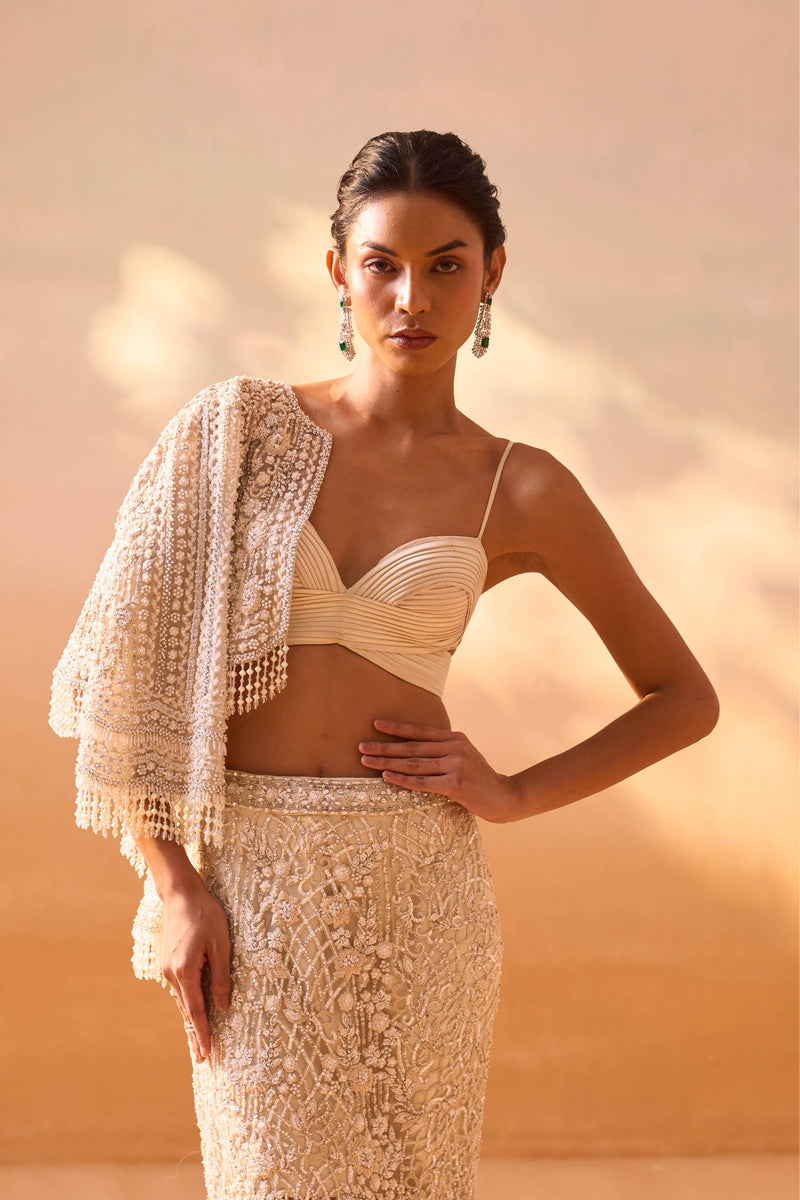 IVORY TRAIL SKIRT WITH PLEATED CROPTOP AND VEIL