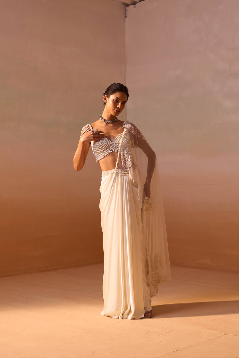 IVORY PEARL WORKED DRAPED SAREE