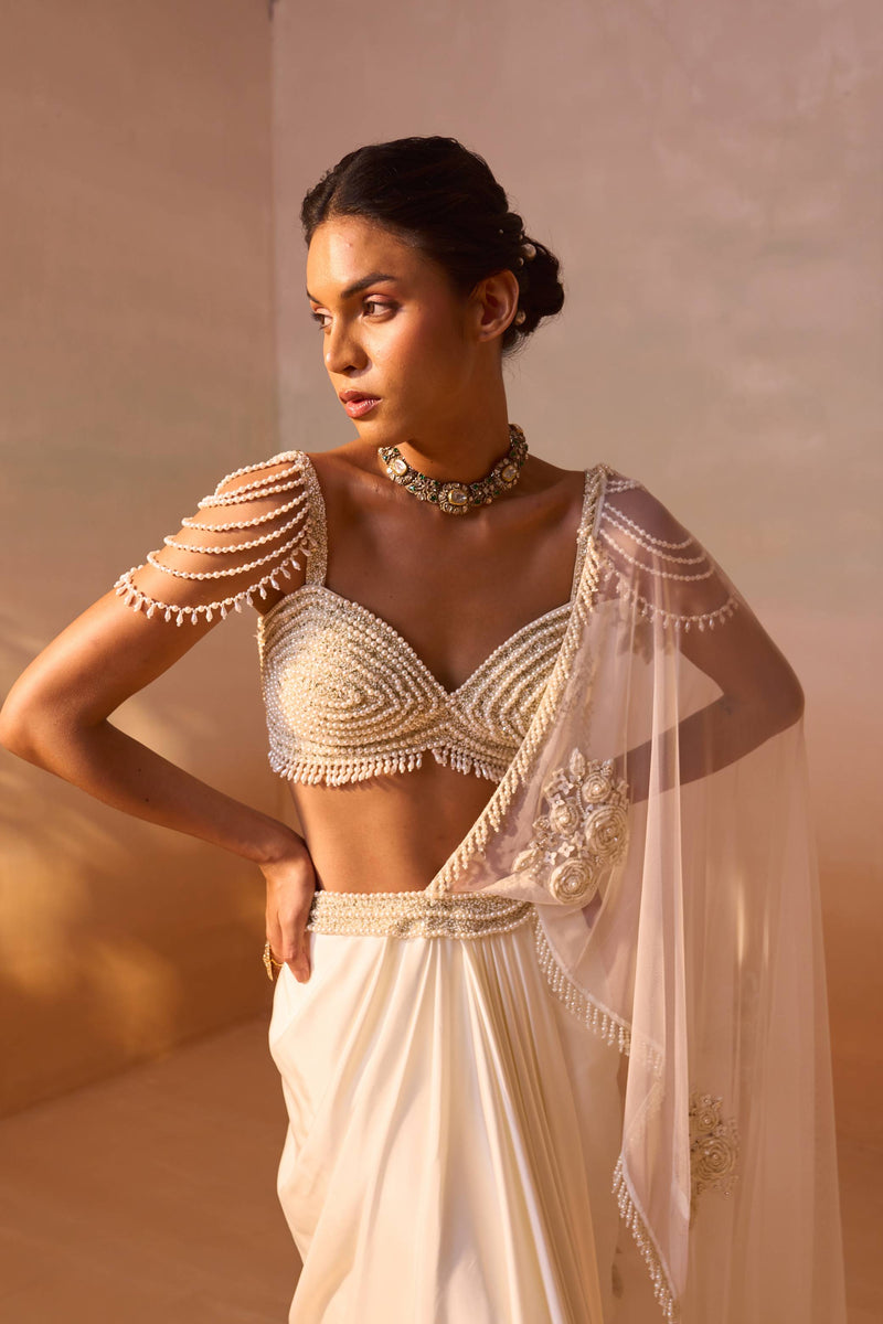 IVORY PEARL WORKED DRAPED SAREE