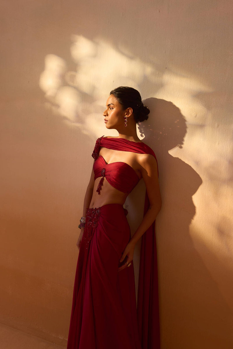 MAROON DRAPED SAREE