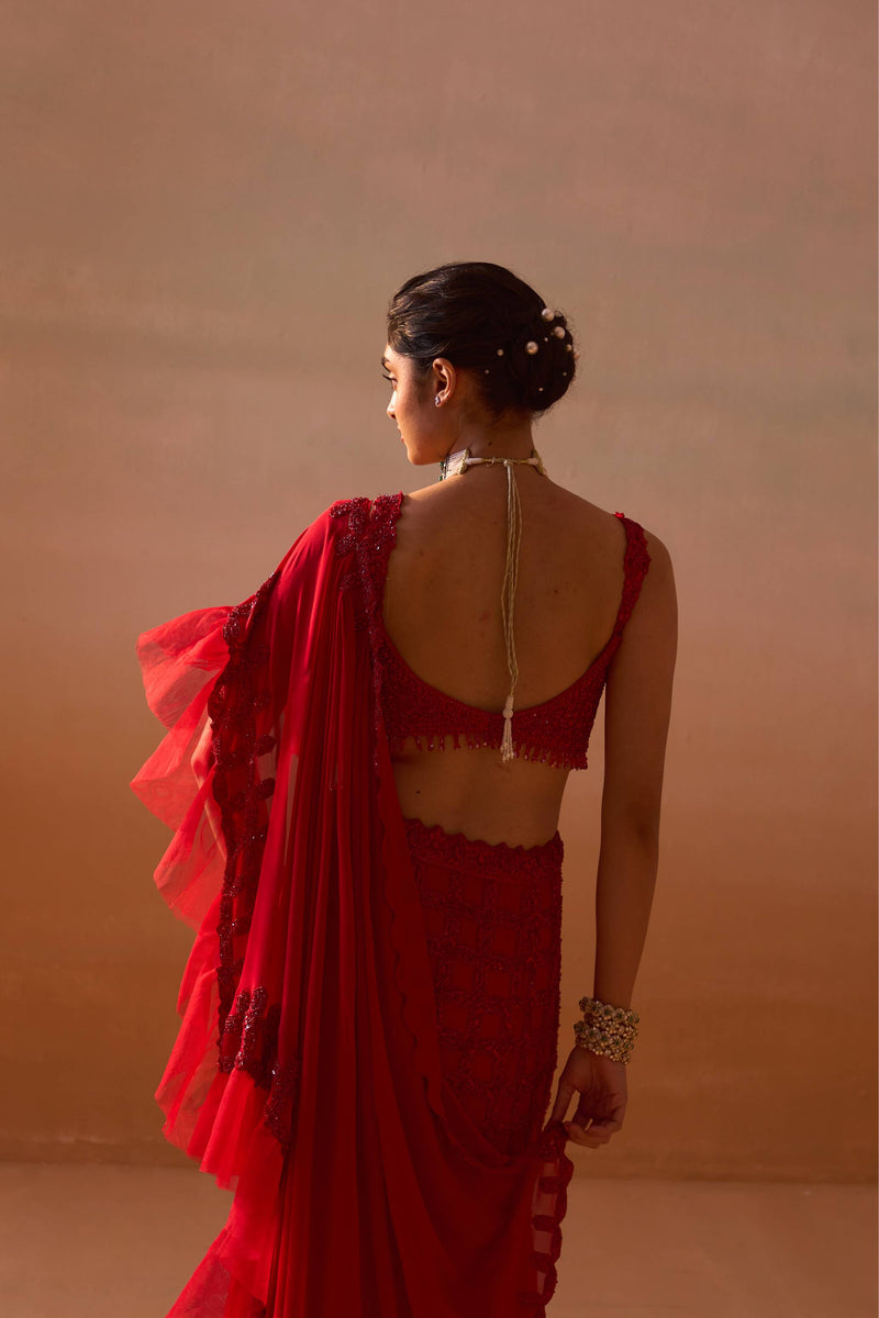 RED HEAVY DRAPED SAREE