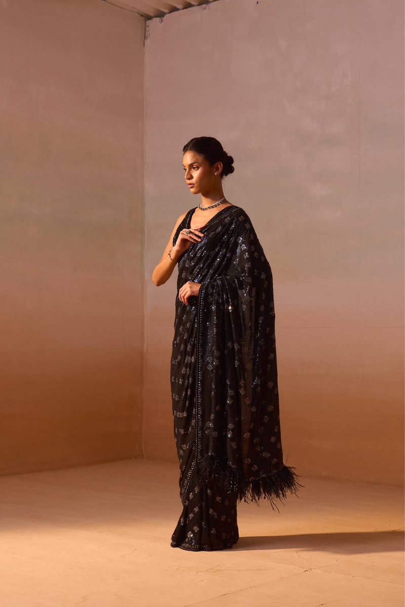 BLACK AND SILVER GREY GEOMETRICAL SAREE