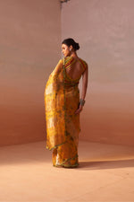 YELLOW PRINTED ORGANZA SAREE