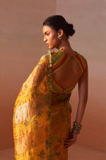 YELLOW PRINTED ORGANZA SAREE