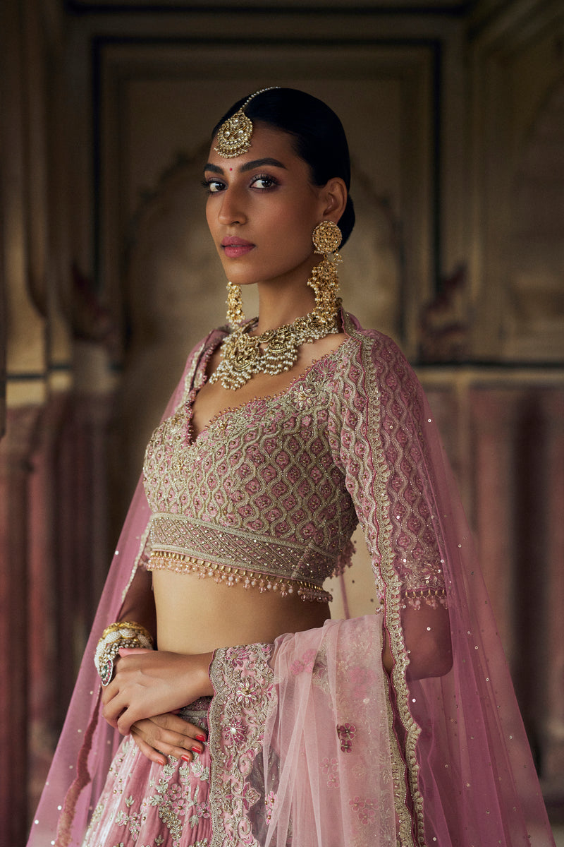 BLUSH PINK VELVET LEHENGA CHOLI WITH NET DUPATTA