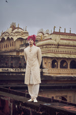 LIGHT BEIGE RAW SILK SHERWANI WITH KURTA AND CHURIDAR