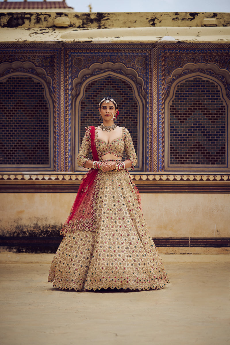 GOLD TISSUE LEHENGA CHOLI SET WITH RED DUPATTA