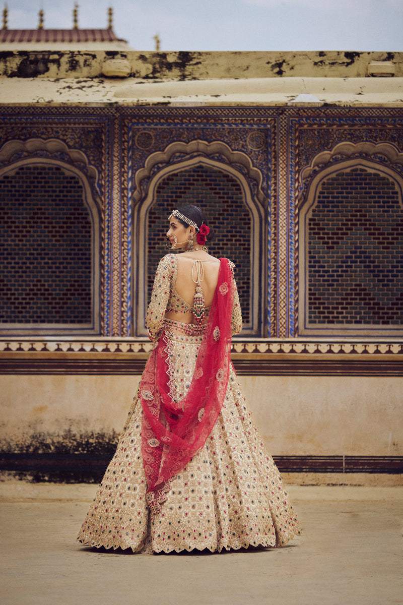 GOLD TISSUE LEHENGA CHOLI SET WITH RED DUPATTA