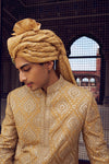 GOLD RAW SILK SHORT SHERWANI WITH A SATIN KURTA AND DHOTI