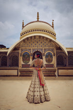 GOLD TISSUE LEHENGA CHOLI WITH A PEACH  TISSUE  DUPATTA