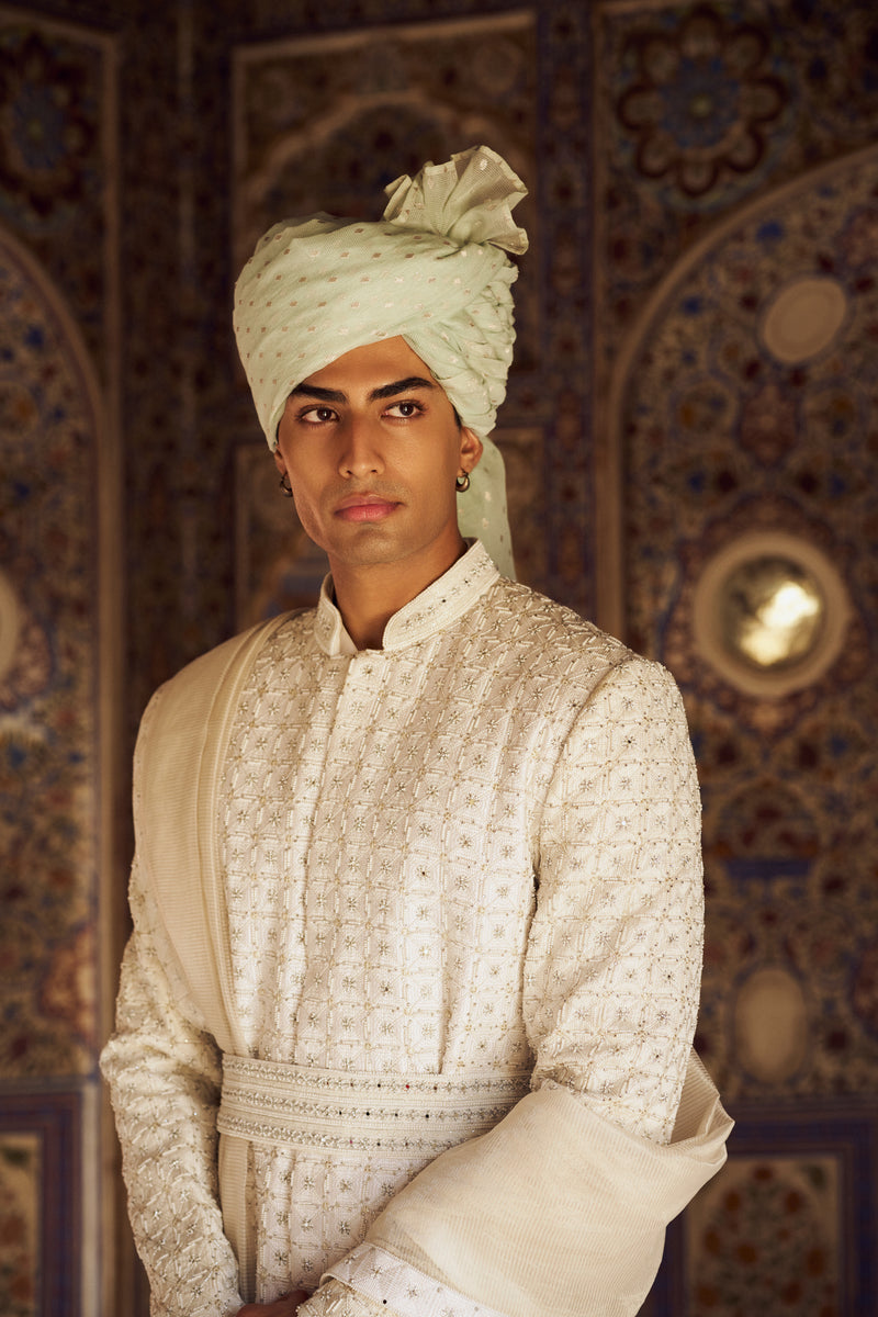 IVORY RAW SILK SHERWANI WITH KURTA CHURIDAR