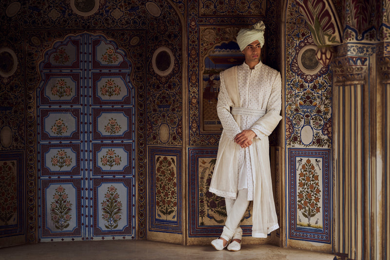 IVORY RAW SILK SHERWANI WITH KURTA CHURIDAR