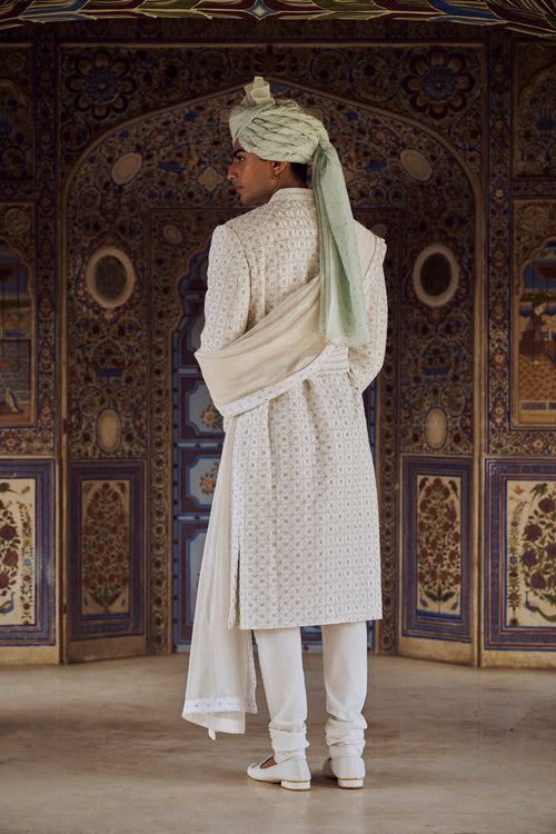 IVORY RAW SILK SHERWANI WITH KURTA CHURIDAR