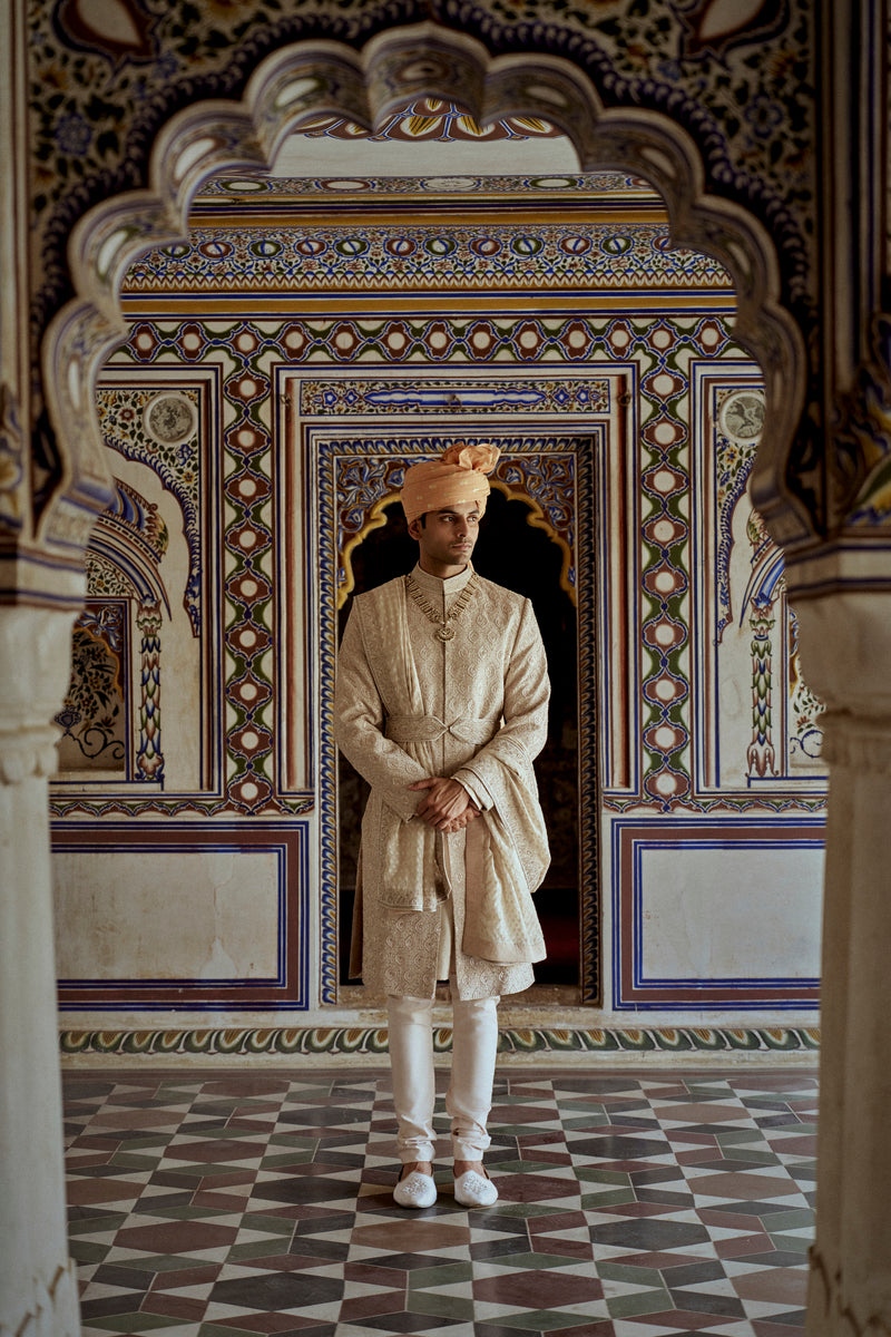 MUSHROOM RAW SILK SHERWANI WITH A COTTON SILK KURTA AND CHURIDAR