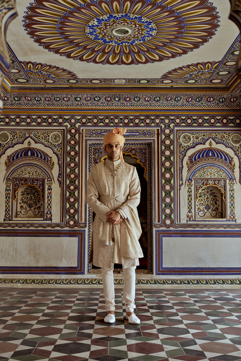 MUSHROOM RAW SILK SHERWANI WITH A COTTON SILK KURTA AND CHURIDAR