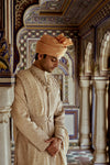 MUSHROOM RAW SILK SHERWANI WITH A COTTON SILK KURTA AND CHURIDAR