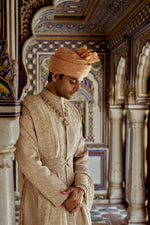 MUSHROOM RAW SILK SHERWANI WITH A COTTON SILK KURTA AND CHURIDAR