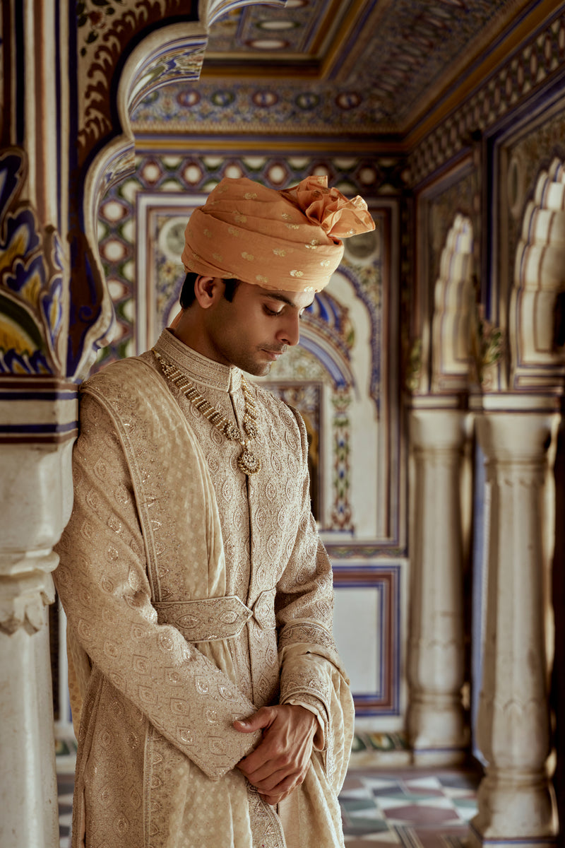 MUSHROOM RAW SILK SHERWANI WITH A COTTON SILK KURTA AND CHURIDAR