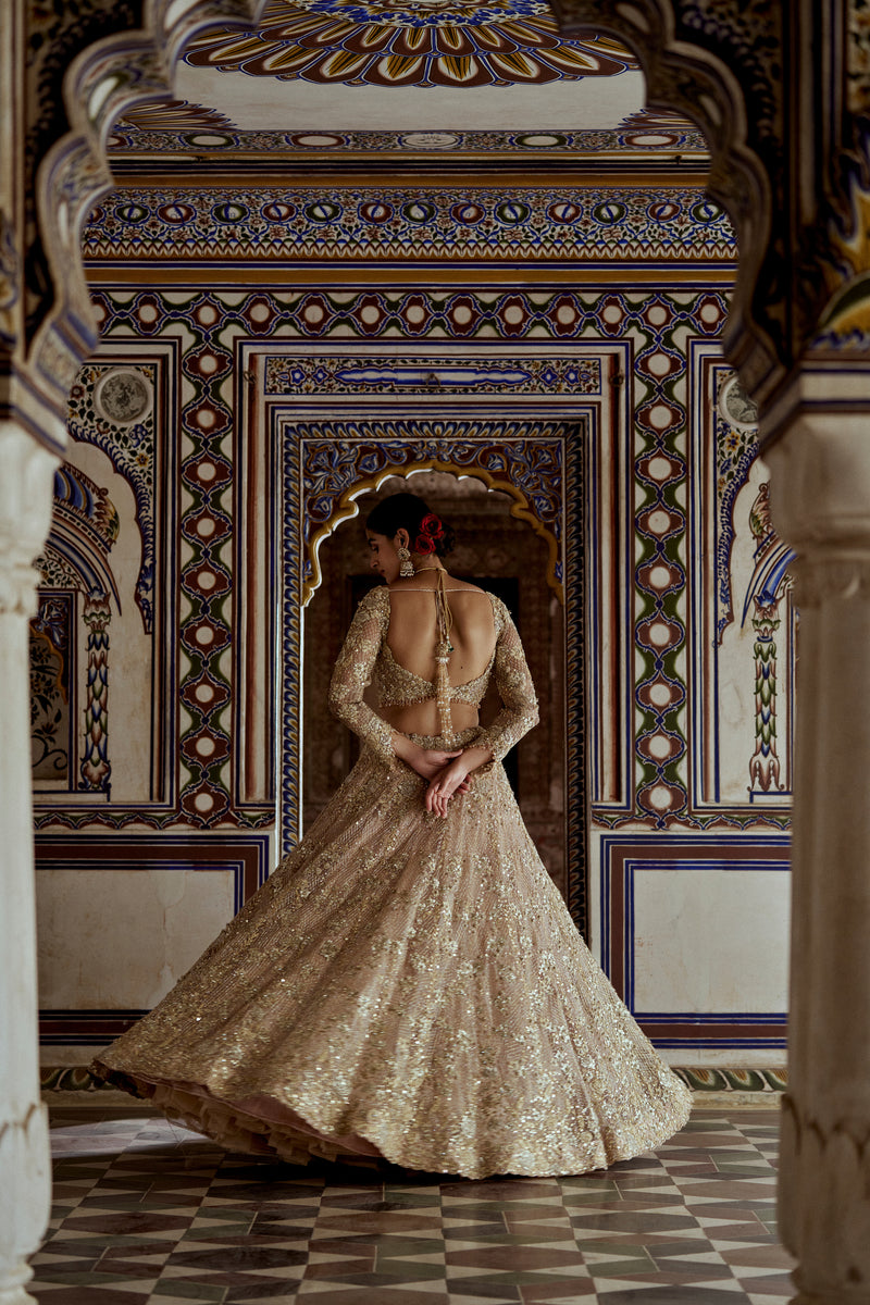 CHAMPAGNE GOLD NET LEHENGA CHOLI AND DUPATTA