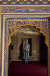 GREY RAW SILK OPEN SHERWANI WITH A CHOGA AND CHURIDAR