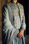 GREY RAW SILK OPEN SHERWANI WITH A CHOGA AND CHURIDAR