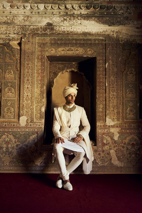 IVORY RAW SILK SHERWANI WITH KURTA AND CHURIDAR