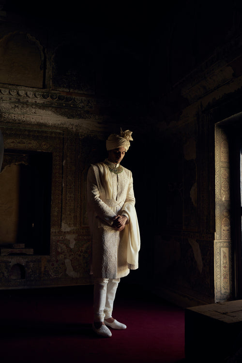 IVORY RAW SILK SHERWANI WITH KURTA AND CHURIDAR