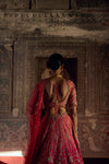 RED TO CORAL OMBRE DYED RAW SILK LEHENGA WITH A CORAL CHOLI