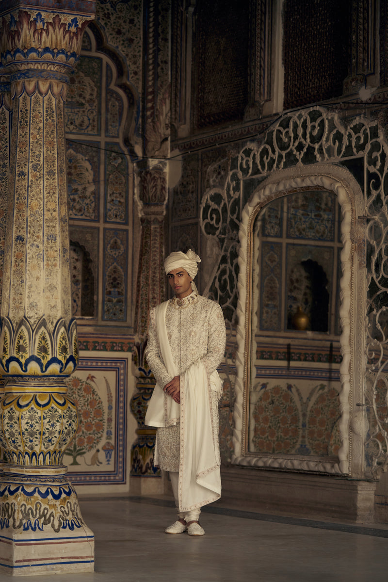 IVORY AND BEIGE RAW SILK SHERWANI SET WITH KURTA AND CHURIDAR