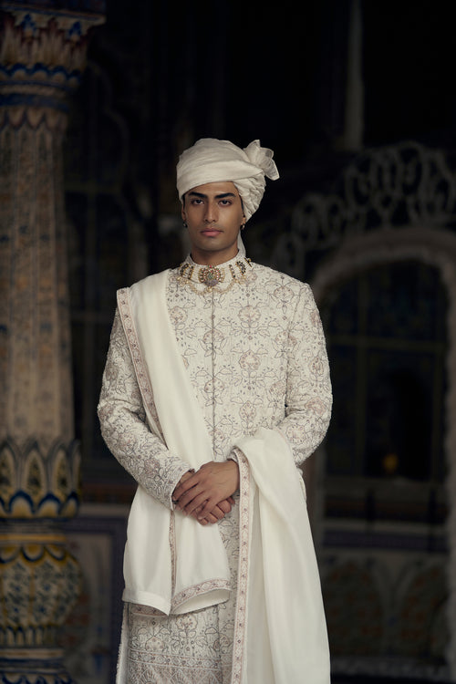 IVORY AND BEIGE RAW SILK SHERWANI SET WITH KURTA AND CHURIDAR