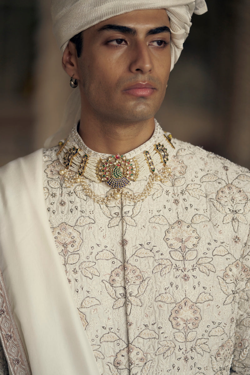 IVORY AND BEIGE RAW SILK SHERWANI SET WITH KURTA AND CHURIDAR