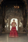 DEEP RED RAW SILK LEHENGA CHOLI SET WITH A TULLE DUPATTA