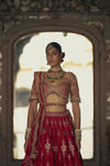 DEEP RED RAW SILK LEHENGA CHOLI SET WITH A TULLE DUPATTA