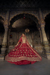 DEEP RED RAW SILK LEHENGA CHOLI SET WITH A TULLE DUPATTA