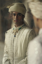 IVORY RAW SILK SHERWANI WITH KURTA AND CHURIDAR